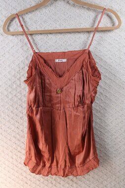 GASP Silk Blend Cami Top Women Rust Orange Spaghetti Strap Ruffle Hem Size L